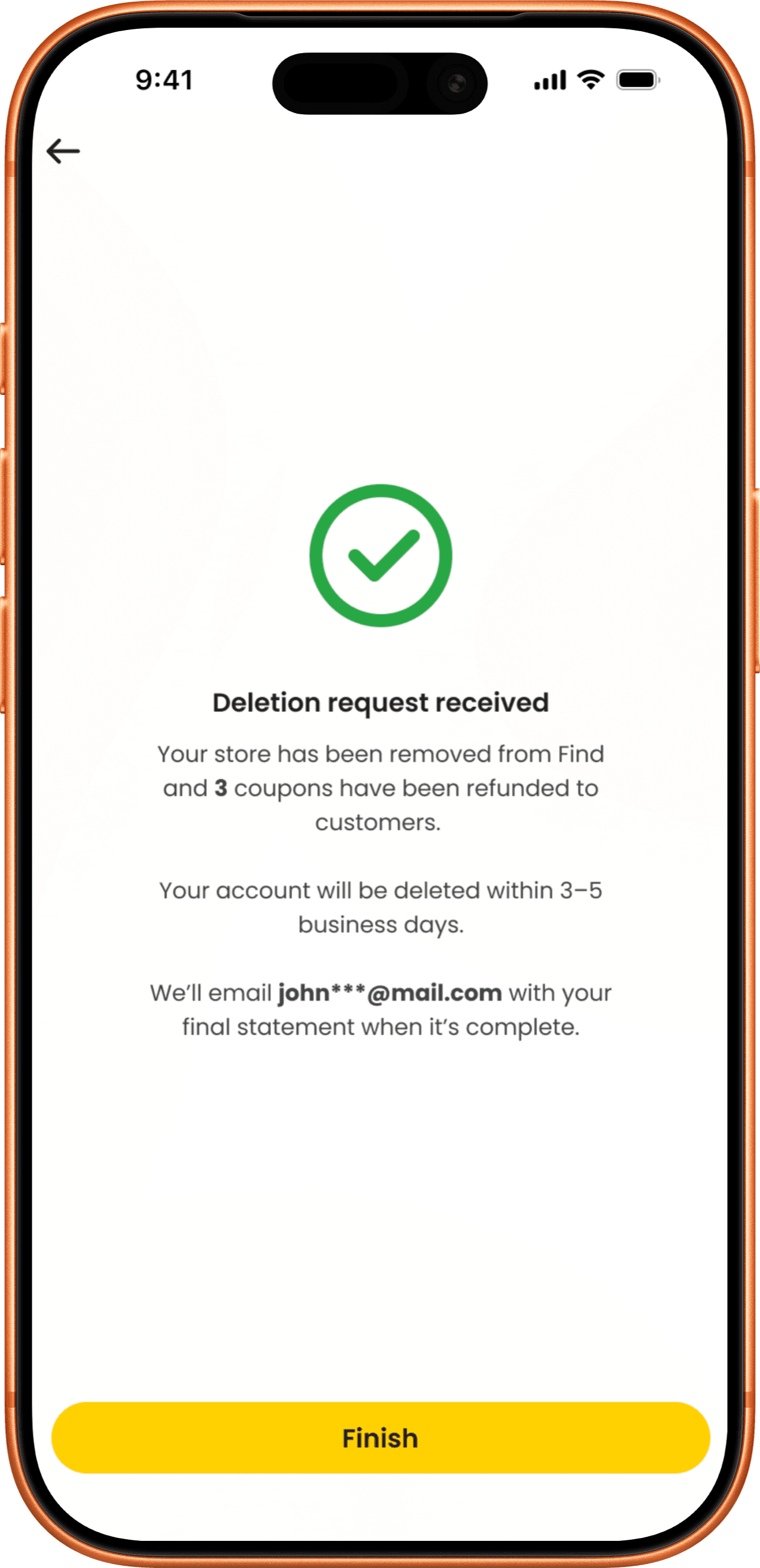 หน้าในแอป Merchant ที่ยืนยันว่าได้รับคำขอลบบัญชีแล้ว พร้อมปุ่ม “เสร็จสิ้น”